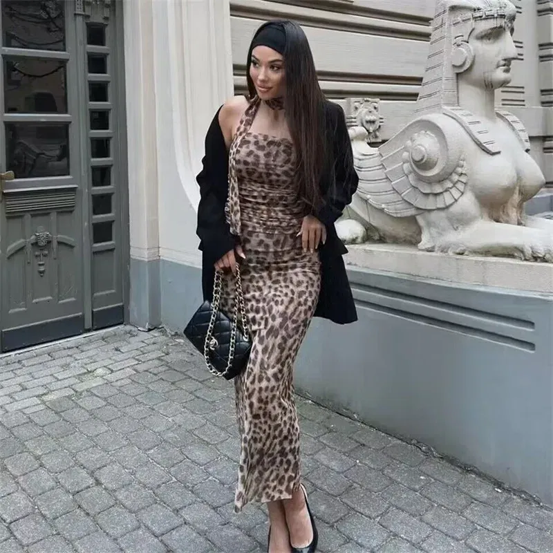 Color: Brown, Size: M - TRAF 2024 Woman Off Shoulder Tulle Crop Top Women Ruched Leopard Print Sexy Tube Tops Summer Sleeveless Backless Bandeau Top