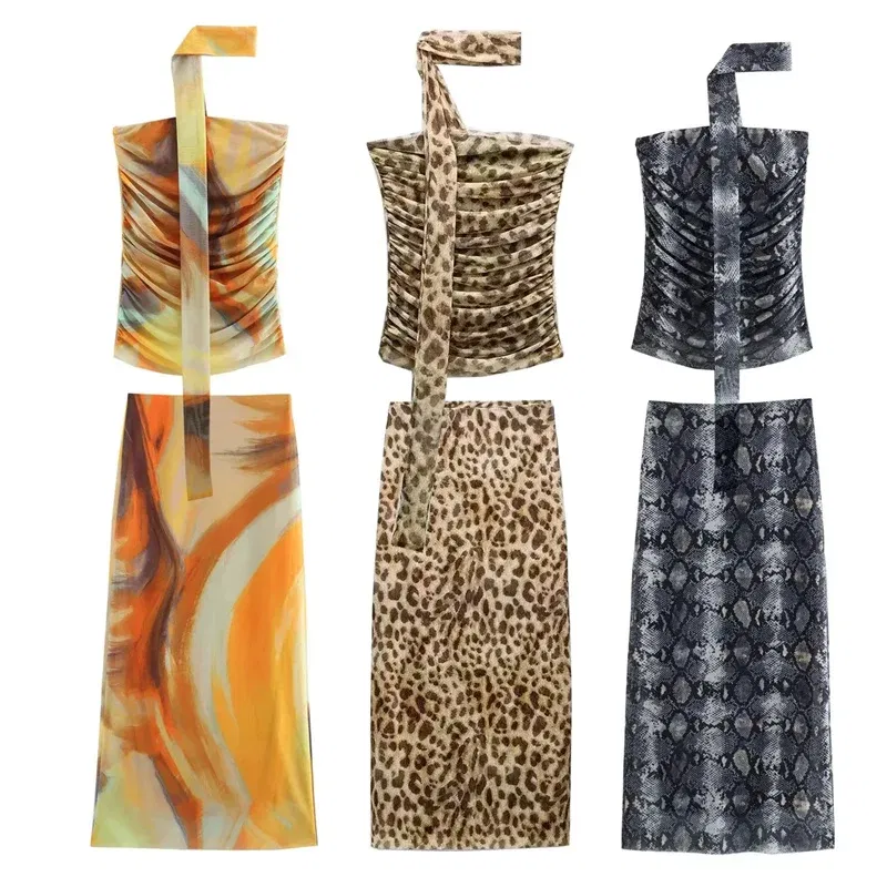 Color: Brown, Size: M - TRAF 2024 Woman Off Shoulder Tulle Crop Top Women Ruched Leopard Print Sexy Tube Tops Summer Sleeveless Backless Bandeau Top