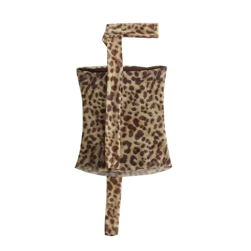 Color: Brown, Size: M - TRAF 2024 Woman Off Shoulder Tulle Crop Top Women Ruched Leopard Print Sexy Tube Tops Summer Sleeveless Backless Bandeau Top