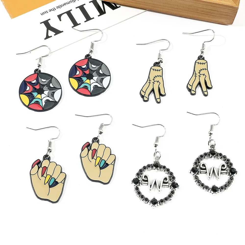 Metal Color: BRONZE, Ships From: CHINA - Trend TV Wednesday Addams Earrings Cosplay Props Thing Hand Letter W Pendant Ear Drop Earrings for Women Jewelry Accessories