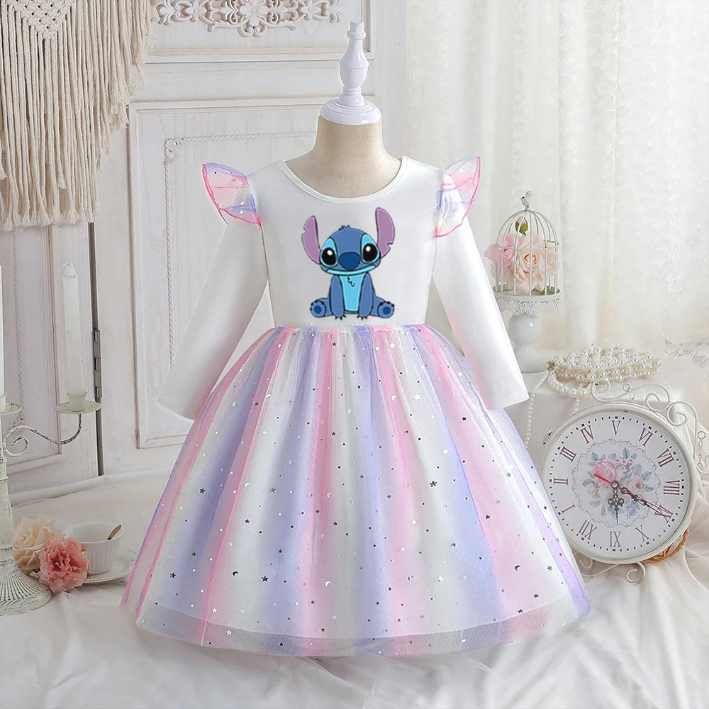 Color: Dark Grey, Kid Size: 2T - Stitch Princess Dress Autumn New Disney Baby Girls Dress Spring Autumn Long-sleeved For Children Kids Clothes Birthday Party