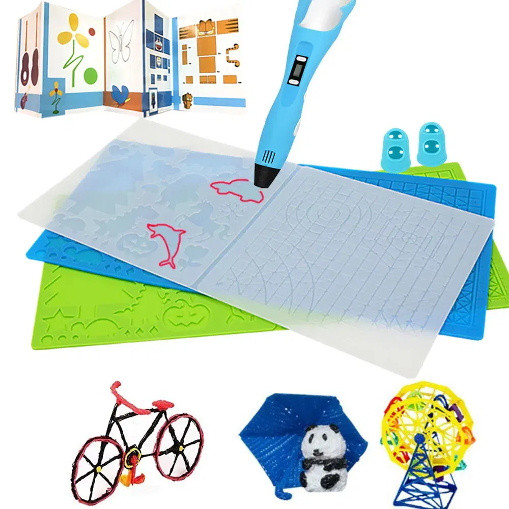 color: Blue - Silicone Design Rubber Pad for 3D Printing Pen with 2 Finger Protectors Template Drawing Tools for Kids Adults Drawing DIY Tools