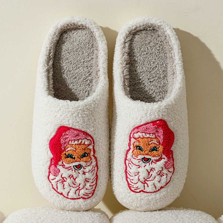 Color: Pink, Shoe Size: 41-42 - Cute Cartoon Pink Santa Claus Women's Slippers Indoor Warm Soft Comfy Winter Bedroom Non-slip Cotton Shoes Christmas Gift