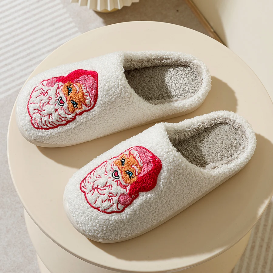 Color: Pink, Shoe Size: 41-42 - Cute Cartoon Pink Santa Claus Women's Slippers Indoor Warm Soft Comfy Winter Bedroom Non-slip Cotton Shoes Christmas Gift