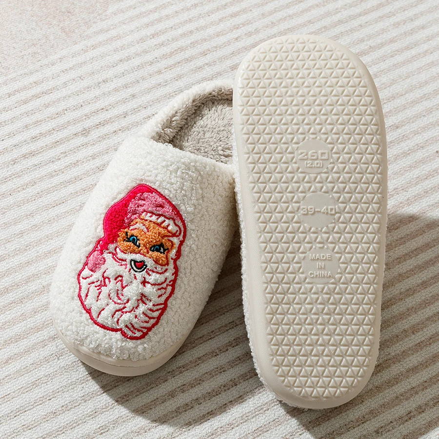 Color: Pink, Shoe Size: 41-42 - Cute Cartoon Pink Santa Claus Women's Slippers Indoor Warm Soft Comfy Winter Bedroom Non-slip Cotton Shoes Christmas Gift