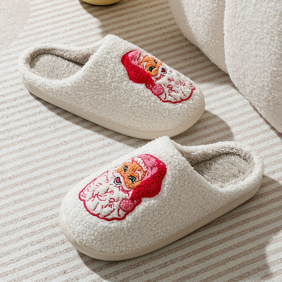 Color: Pink, Shoe Size: 41-42 - Cute Cartoon Pink Santa Claus Women's Slippers Indoor Warm Soft Comfy Winter Bedroom Non-slip Cotton Shoes Christmas Gift