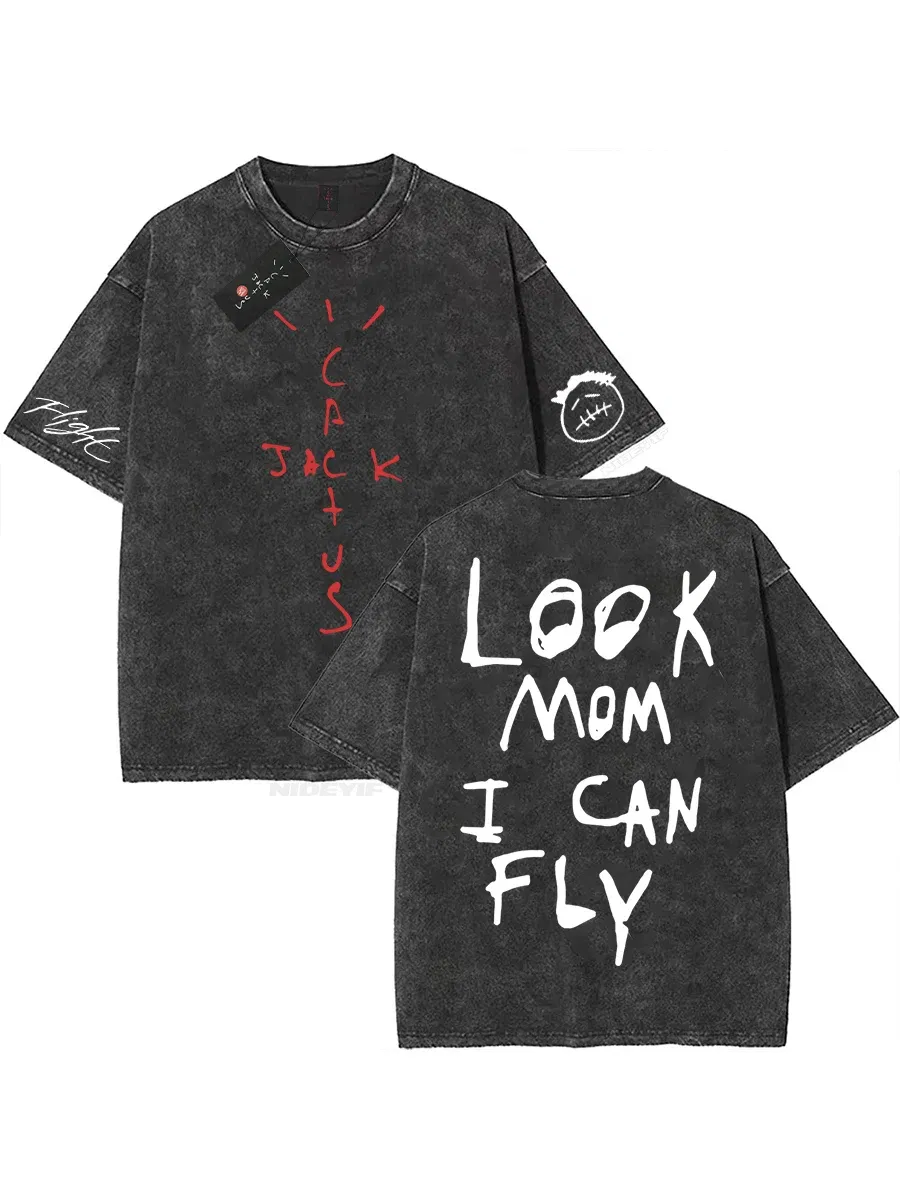 Color: black, Size: L - 100% Cotton Oversized T Shirt For Men Women HipHop Washed T Shirts cactus jack Short Sleeve Gift Tops look mom i can fly K39