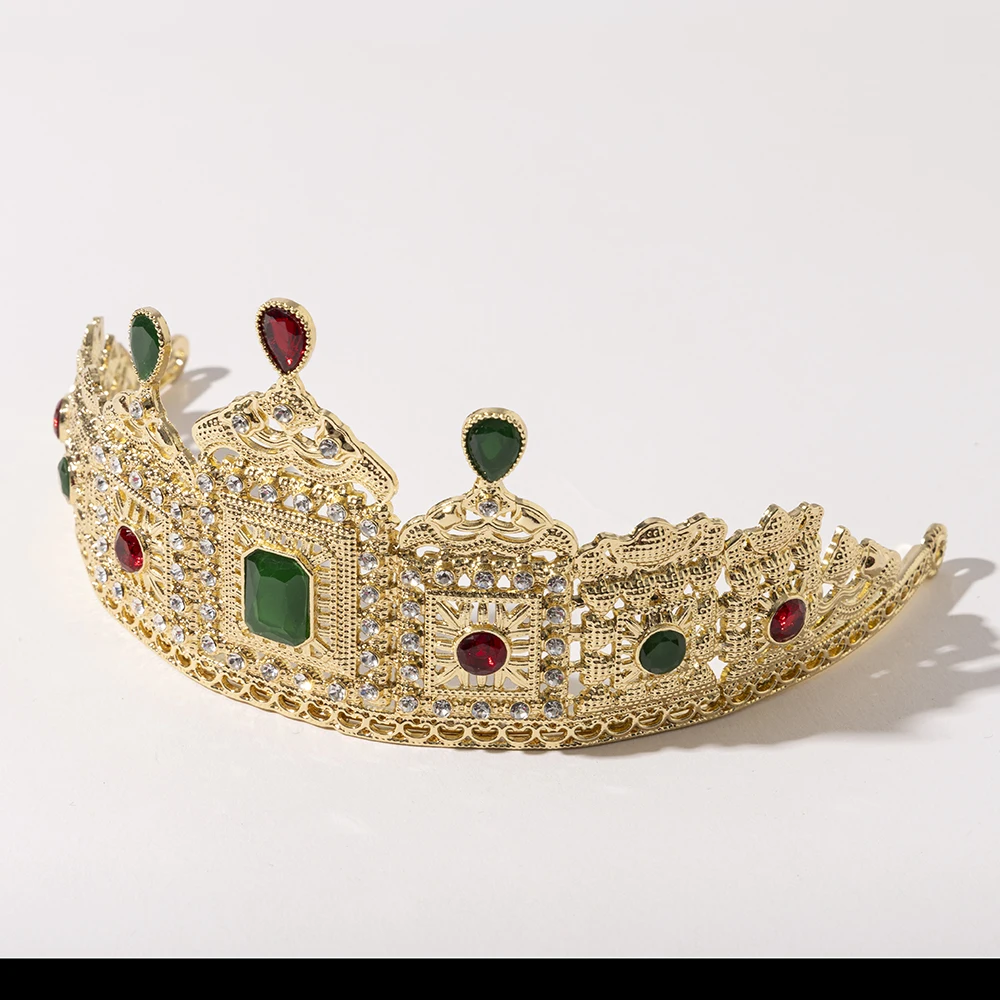 Metal color: Gold-color - LUIZADA European Princess Queen Round Headdress Moroccan Bride Crystal Crown King Bride Headdress Wedding Hair Accessories