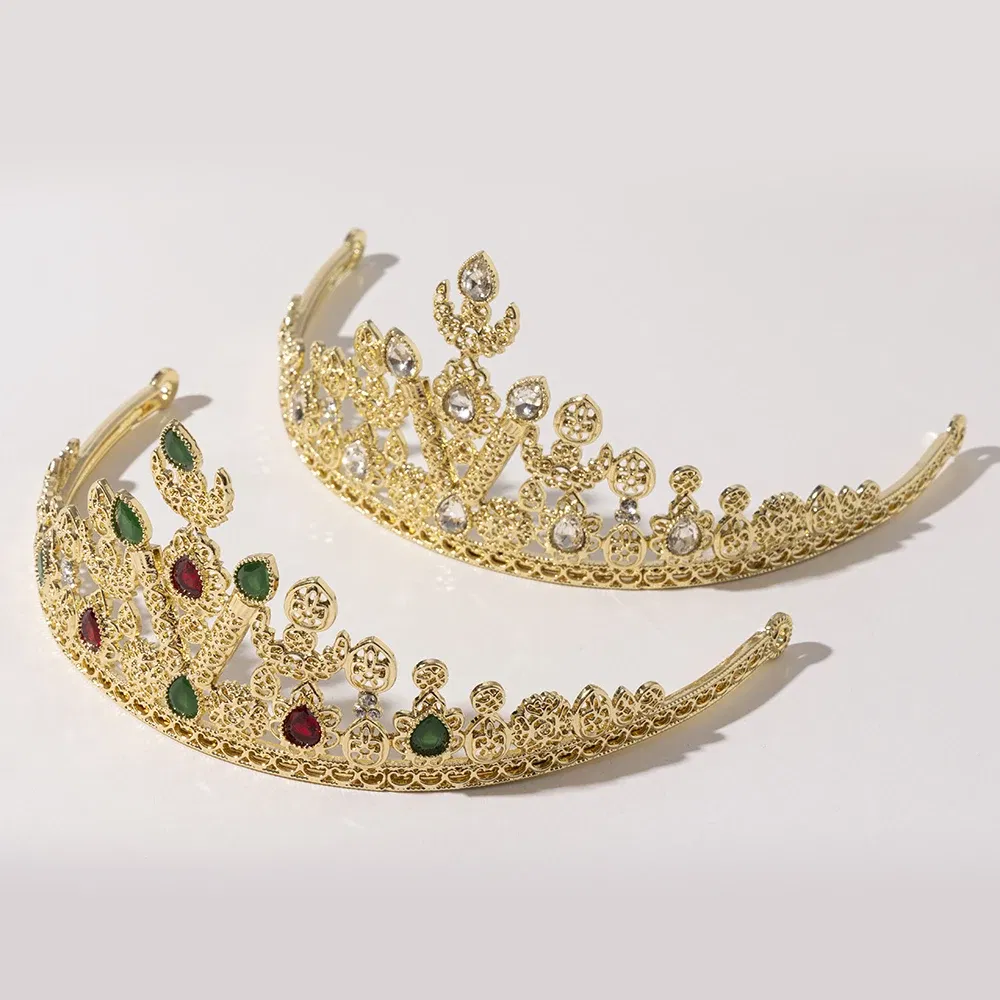 Metal color: Gold-color - LUIZADA European Princess Queen Round Headdress Moroccan Bride Crystal Crown King Bride Headdress Wedding Hair Accessories