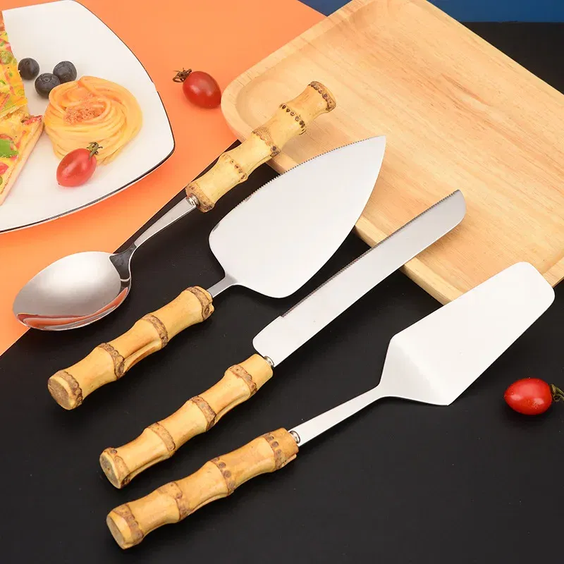 Color: light yellow - Nature Bamboo Pizza Cake Shovel Triangular Spatula Set Steel Stainless Cheese Slicer Cutter Knife,Butter Knife