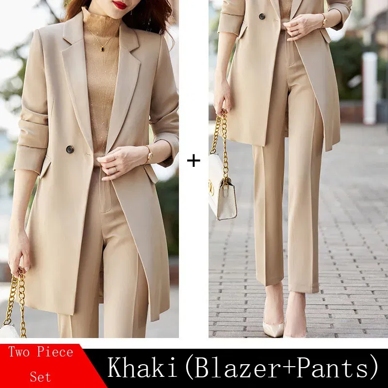 Color: Khaki, Size: XXXL, Ships From: CHINA - High End Office Professional Women's Blazer Pants 2-Piece Set Fall Fashion Long Female Jacket Over Business Suit Casual Trousers