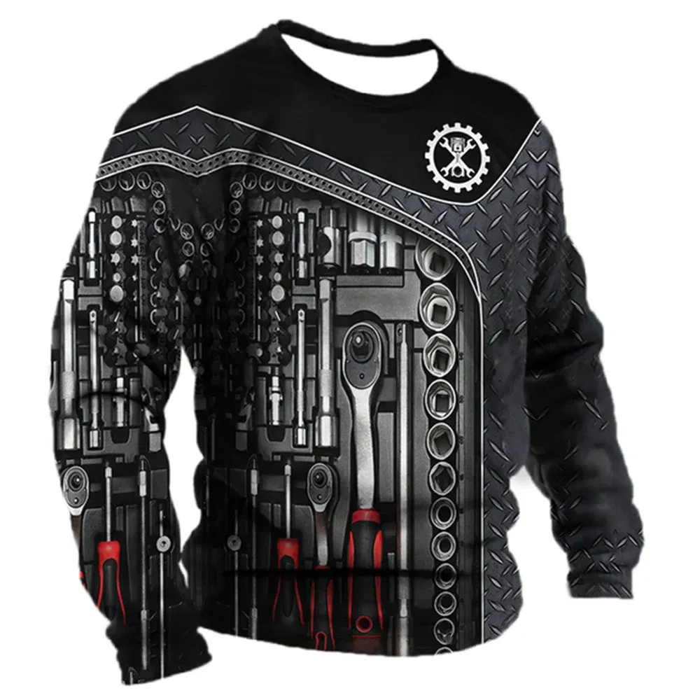 Color: black, Size: 4XL - Men's T -shirt Retro T -shirt Summer clothing personalized name Mechanic mechanic 3D printing 5xl sports shirt long -sleeved