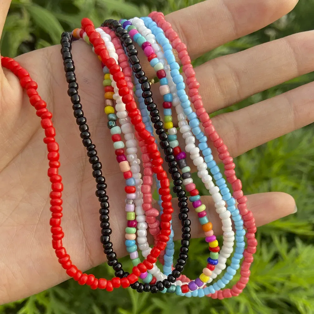 Metal Color: Rust Red - 2022 New Trend Colorful Rice Beads Necklace Bohemia Fashion Style Ladies Clavicle Chain Necklace Girls String Pearl Neck Jewelry