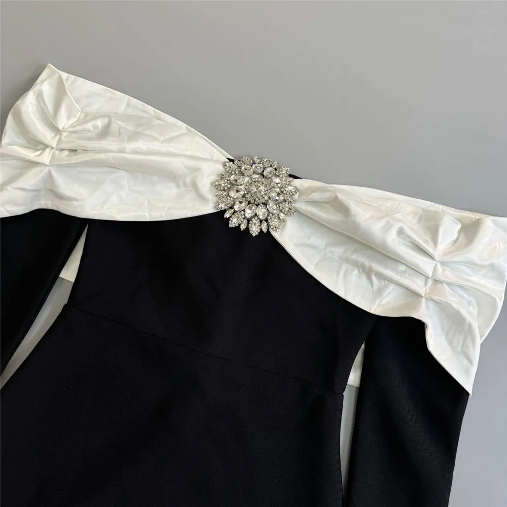 Color: black, Size: M - Women Beading Elegant Bandage Dress Sexy Off The Shoulder Long Sleeve Patchwork Clothing Club Party Celebrity Dresses