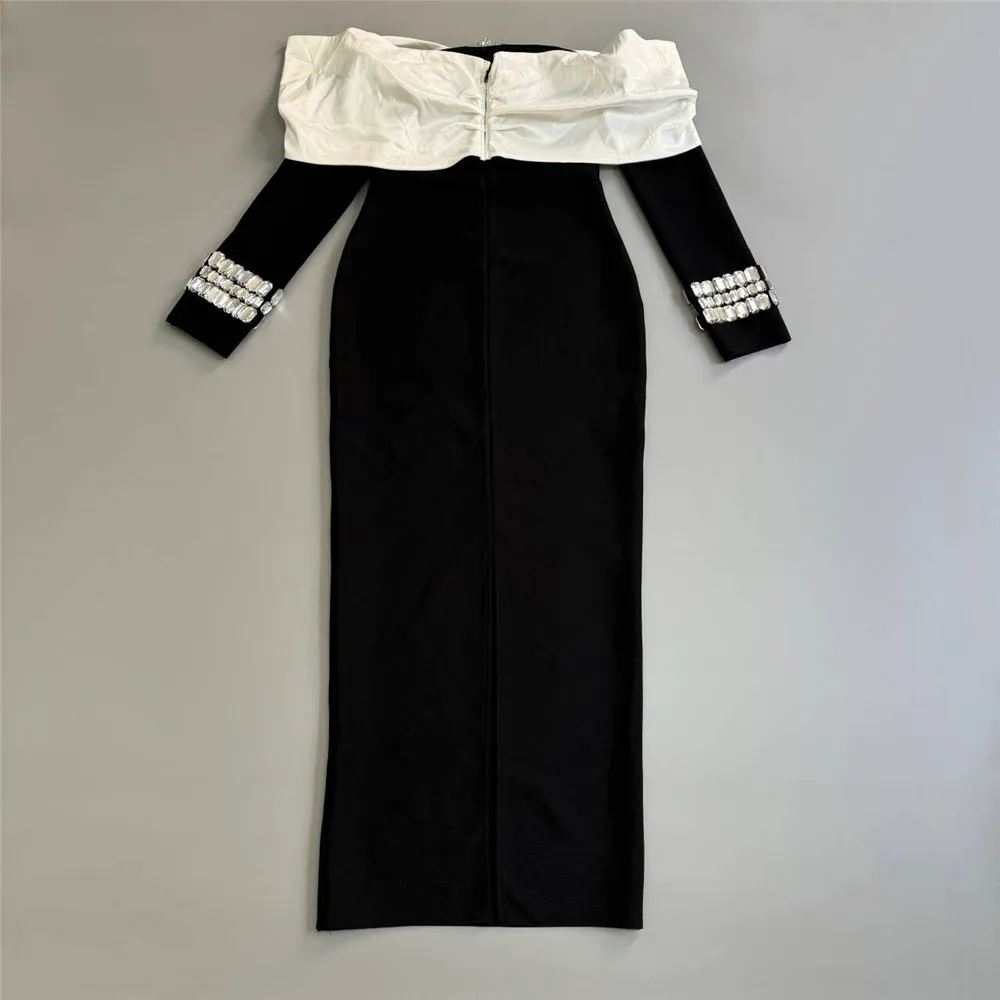 Color: black, Size: M - Women Beading Elegant Bandage Dress Sexy Off The Shoulder Long Sleeve Patchwork Clothing Club Party Celebrity Dresses