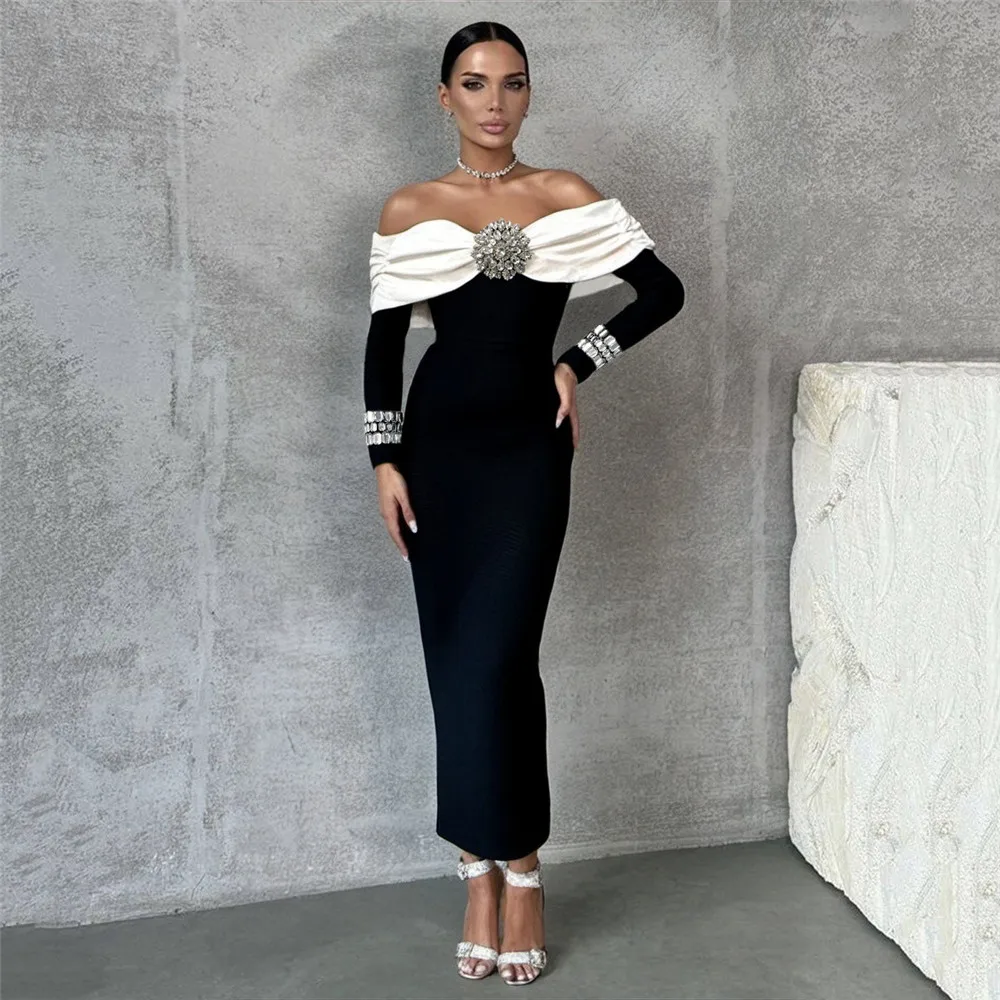 Color: black, Size: M - Women Beading Elegant Bandage Dress Sexy Off The Shoulder Long Sleeve Patchwork Clothing Club Party Celebrity Dresses