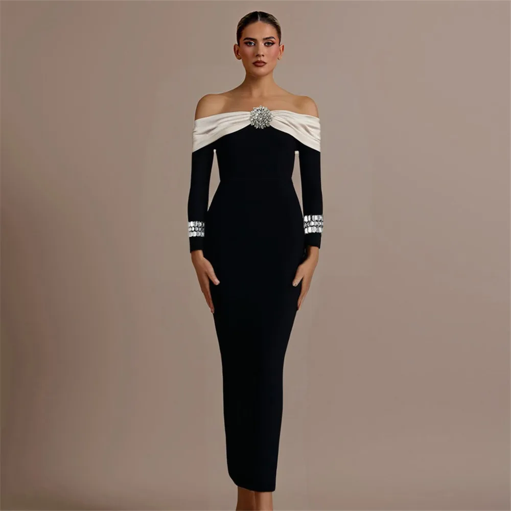 Color: black, Size: M - Women Beading Elegant Bandage Dress Sexy Off The Shoulder Long Sleeve Patchwork Clothing Club Party Celebrity Dresses