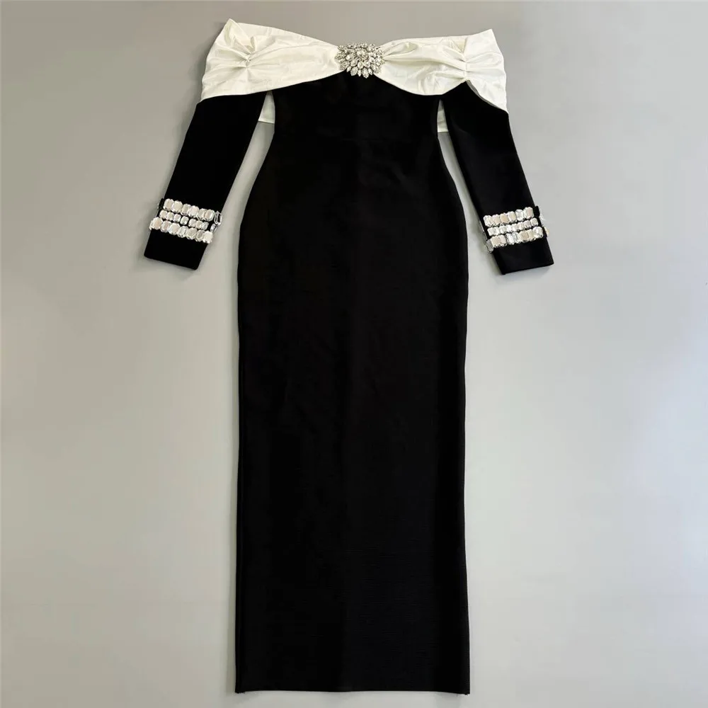 Color: black, Size: M - Women Beading Elegant Bandage Dress Sexy Off The Shoulder Long Sleeve Patchwork Clothing Club Party Celebrity Dresses