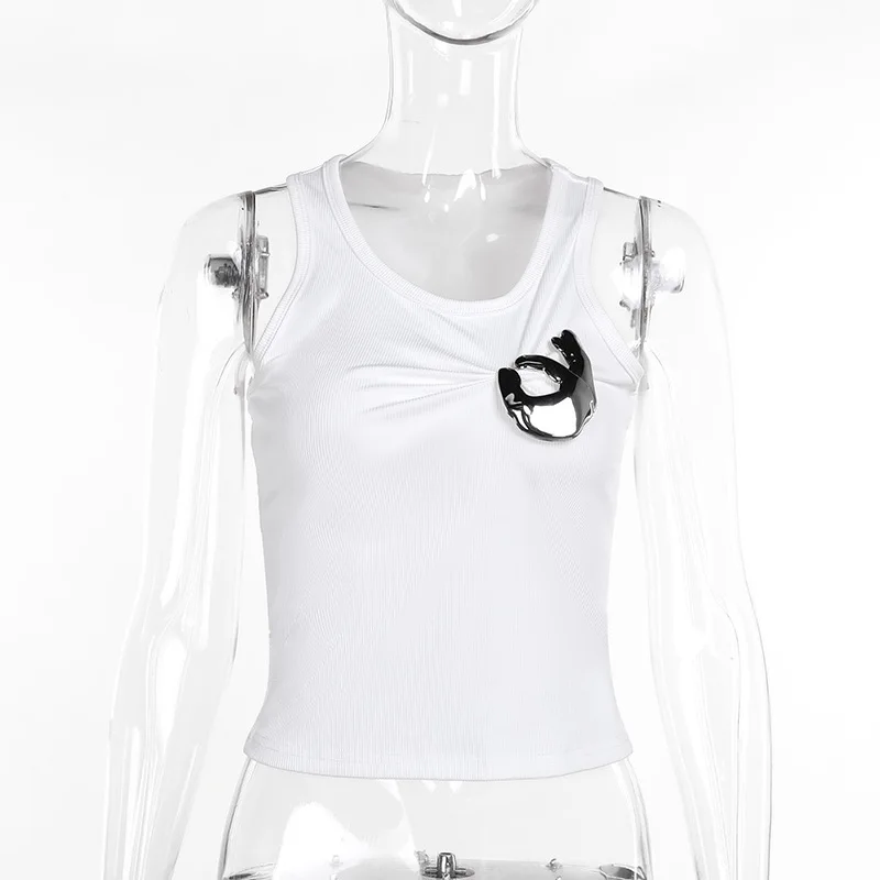 Color: Beige, Size: S - Women's Personalized Fashion Personalized Shrink Tank Top Sexy Solid Color OK Pattern Tank Top