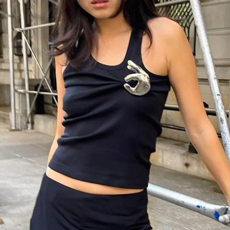 Color: Beige, Size: S - Women's Personalized Fashion Personalized Shrink Tank Top Sexy Solid Color OK Pattern Tank Top