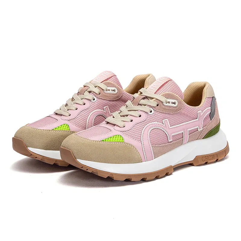 Color: Pink, Shoe Size: 35 - CHCH Women's Casual Shoes 2024 New Wine Red Retro Cow Leather Splicing Design Walking Shoes Skeleton Correction