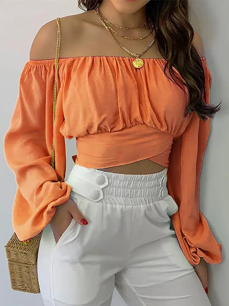 Color: Brown, Size: S - Women Sexy Off Shoulder Blouse Chic and Elegant Printing Lantern Long Sleeve Lace Up Bow Cropped Tops Casual Slim Shirts 2024