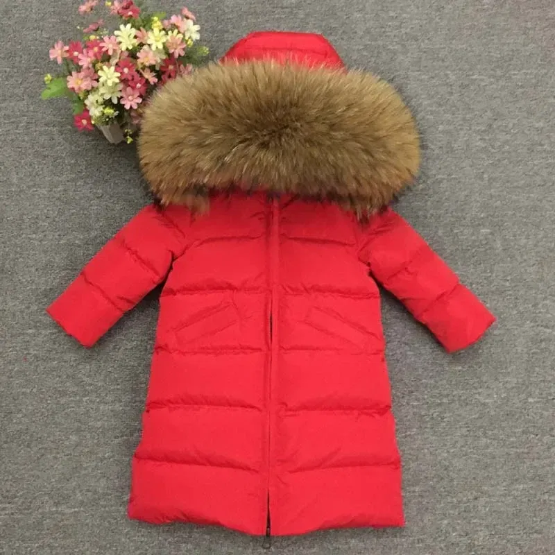 Color: Ivory, Kid Size: 2T - Children Girl boy Winter real fur thickened down jackets 90 down Long Coat jacket overcoat baby kids clothing -30 outwear ws1245