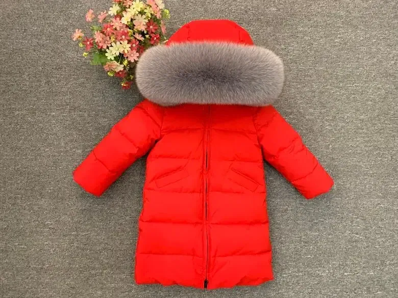 Color: Ivory, Kid Size: 2T - Children Girl boy Winter real fur thickened down jackets 90 down Long Coat jacket overcoat baby kids clothing -30 outwear ws1245