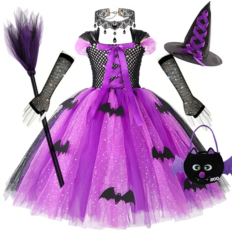Color: Coffee, Kid Size: 4T - Halloween Witch Tutu Dress for Girls Handmade Mesh Bat Wizard Cosplay Costumes with Hat Broom Toddler Evil Party Clothes Set