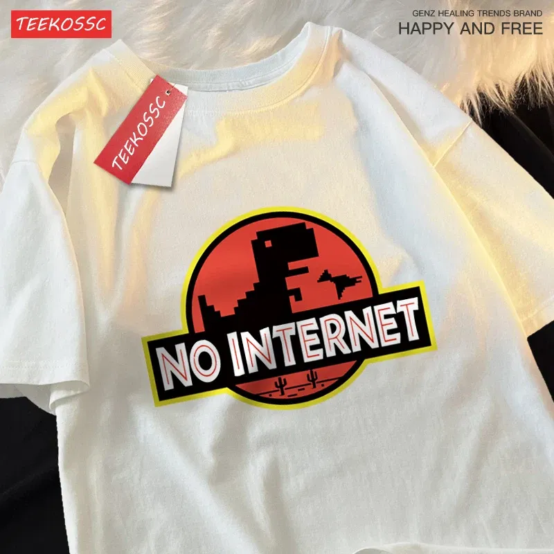 Color: Blue, Size: L - No Internet Fun Little Dinosaur Short Sleeve Mens Cartoons Cotton Tshirt Summer High Quality Clothing Fashion Oversize T-Shirts