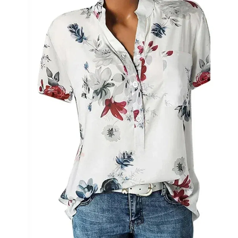 Color: WHITE, Size: M - Temperament new women's shirt printing large size casual shirt loose V-neck short-sleeved shirt blouse