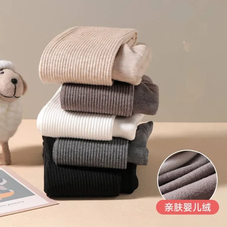 Color: WHITE, Size: M - Autumn Winter New Thin Plush Vertical Stripe Solid Color Girls' Pantyhose With Plush Warm Children's Bottom Socks and Panties