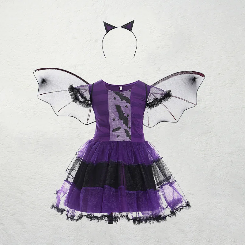 Kid Size: 2T, Color: black - Halloween Children Purple Vampire Costume Girls Dress Kids Clothes Baby Bat Spider Party Cosplay Headband +Wing Outfit