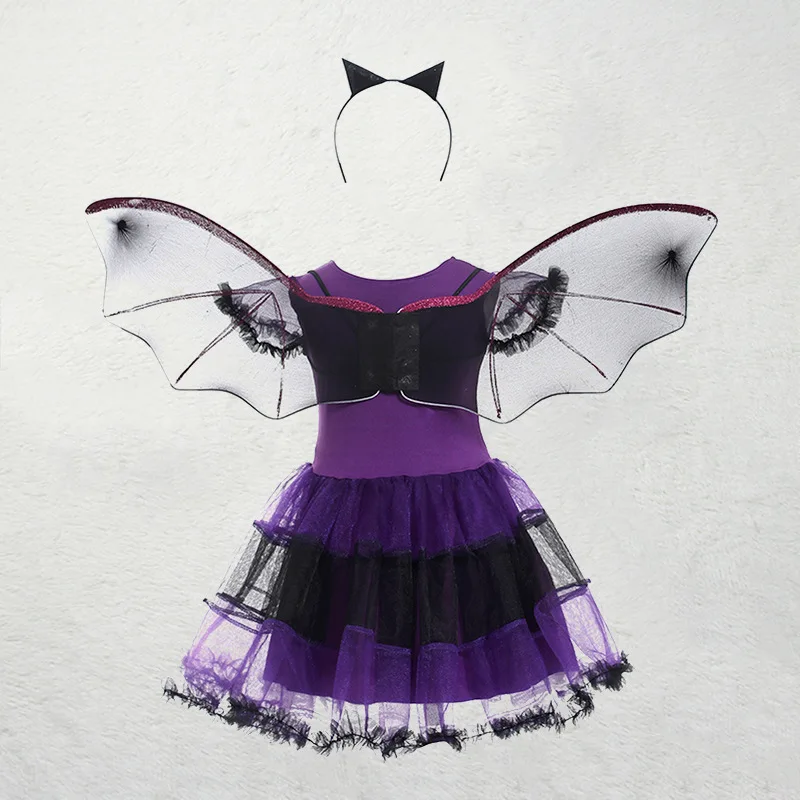 Kid Size: 2T, Color: black - Halloween Children Purple Vampire Costume Girls Dress Kids Clothes Baby Bat Spider Party Cosplay Headband +Wing Outfit
