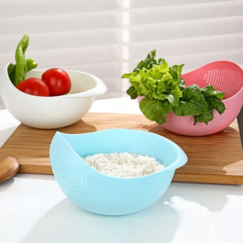 Color: GRAY - Rice Sieve Plastic Colander Kitchen Drain Basket with Handles Rice Bowl Strainer Strainer Basket Sink Drain Kitchen Tools