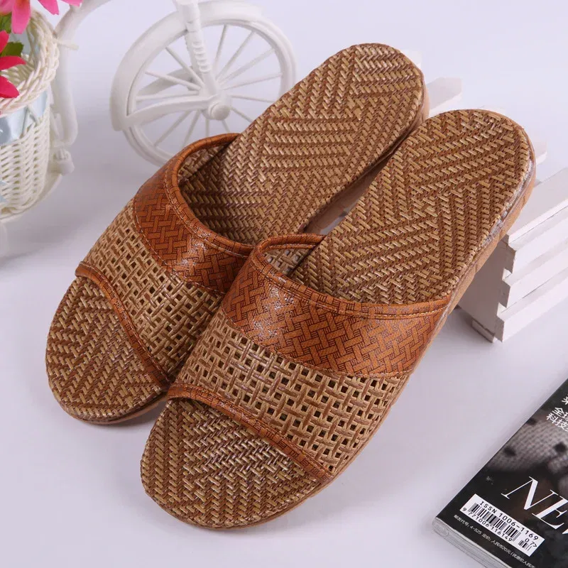 Color: Brown, Shoe Size: 39 - Mntrerm Summer Natural Bamboo Rattan Cane Grass Weaving Slippers Shoes Vine Grass Men Casual Slippers Non-slip Couples Slippers