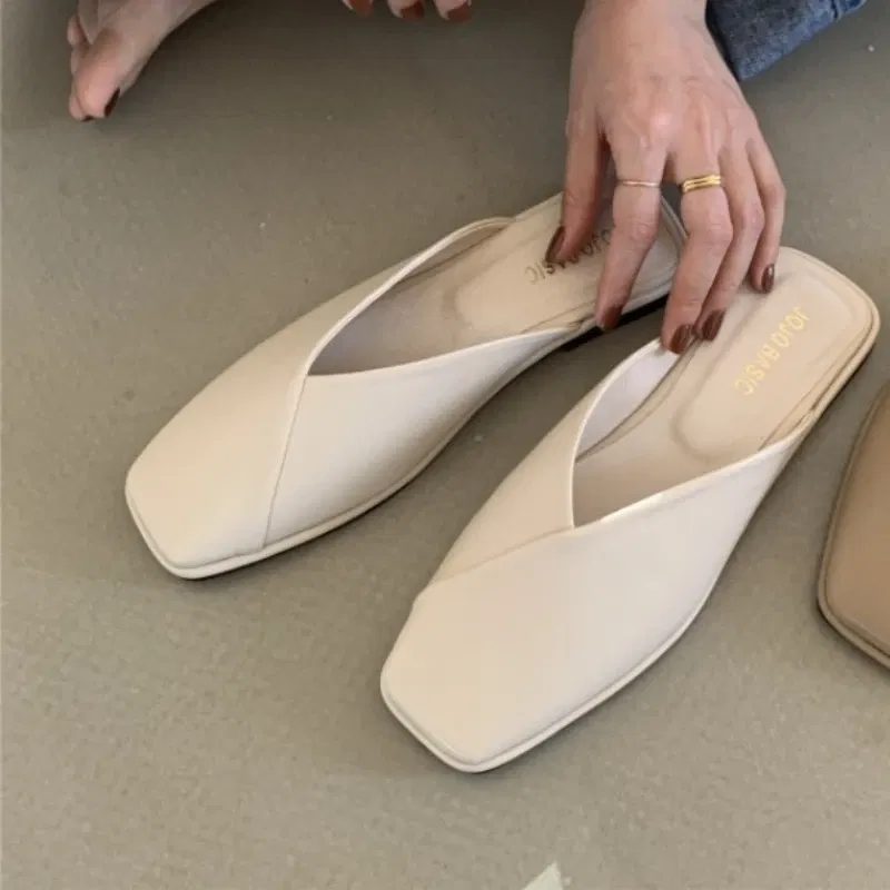 Color: Beige, Shoe Size: 38 - Fashion Slip on Mules Big Size 43 Flat Slippers 2024 Summer Women Flat Casual Outdoor Square Toe Shoes Ladies Slippers