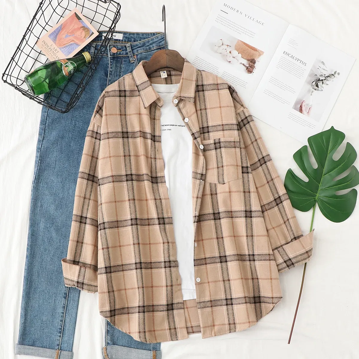 Color: Mixed Color, Size: XL - Fresh Flannel Plaid Shirt Women 2025 New Female Blouses and Tops Cotton Loose Long Sleeve Casual Shirts Fine Women's Clothes