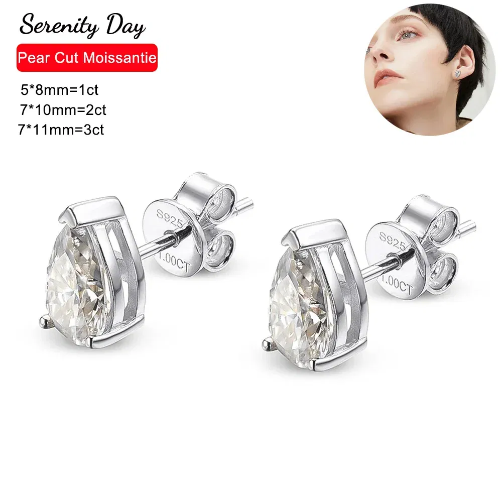 Gem Color: WHITE, Metal Color: Rhodium Plated - D Color 1-4ct Pear Cut Moissanite Earrings For Women GRA Certified S925 Silver VVS Diamond Stud Earring Plated 18K Fine Jewelry