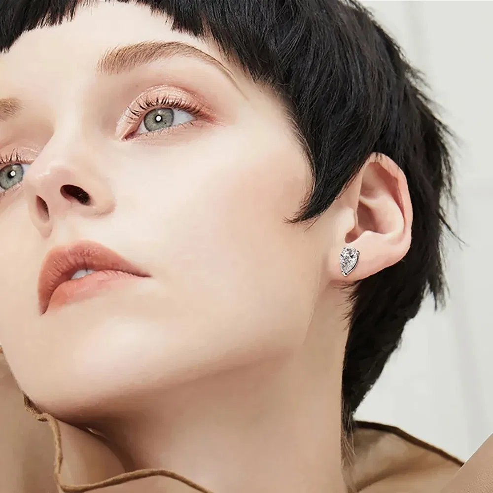 Gem Color: WHITE, Metal Color: Rhodium Plated - D Color 1-4ct Pear Cut Moissanite Earrings For Women GRA Certified S925 Silver VVS Diamond Stud Earring Plated 18K Fine Jewelry