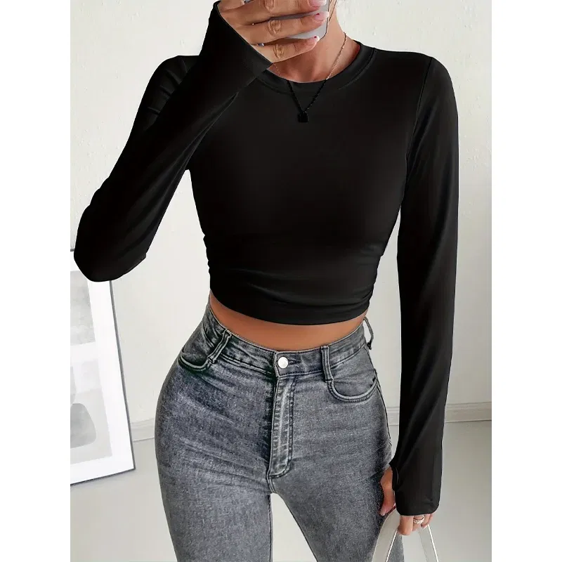 Color: green, Size: L - Autumn Winter Women's Long Sleeve T Shirt Slim Fit Tees Crop Tops Shirts Basic Tee Tops Workout Streetwear Y2K Fall Fashion 2025