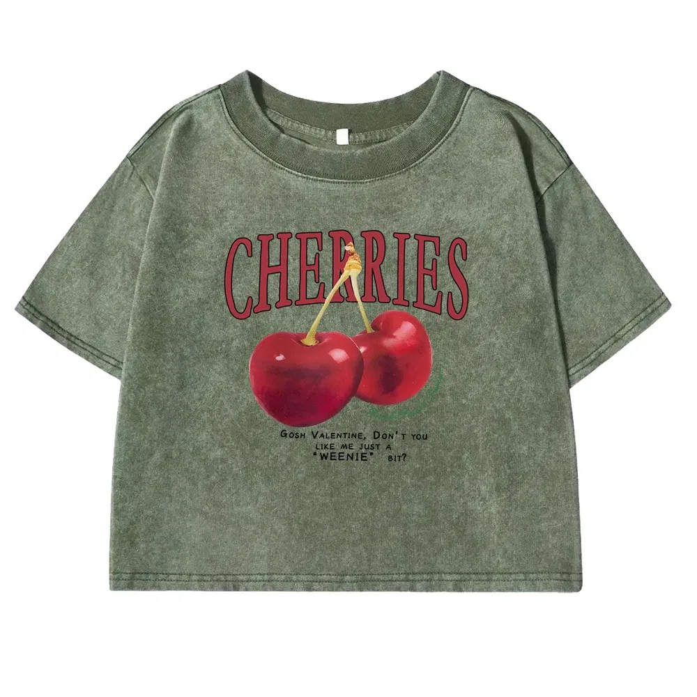 Color: Brown, Size: M - Red Cherries Letter Printed Female T-shirt Fashion Summer Washed Clothing Casual Cotton Crop Top Retro Tee Shirts For Women