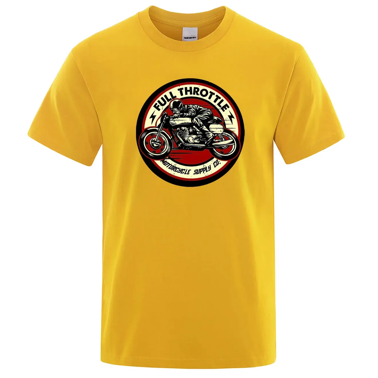 Color: Yellow, Size: XXXL - Full Throttle Cafe Racer Rockabilly Biker Printed T-Shirt Men Fashion Casual Short Sleeve Loose Cotton Tshirt Summer Loose Tees