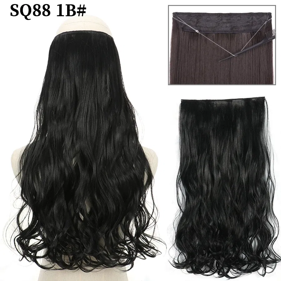 Color: 1B/30HL, Stretched Length: 22inches, Ships From: CHINA - Synthetic Natural Wavy No Clip Fish Line Invisible Hair Extensions Mixed Color Blonde Black Artificial False Hair Piece ForWomen