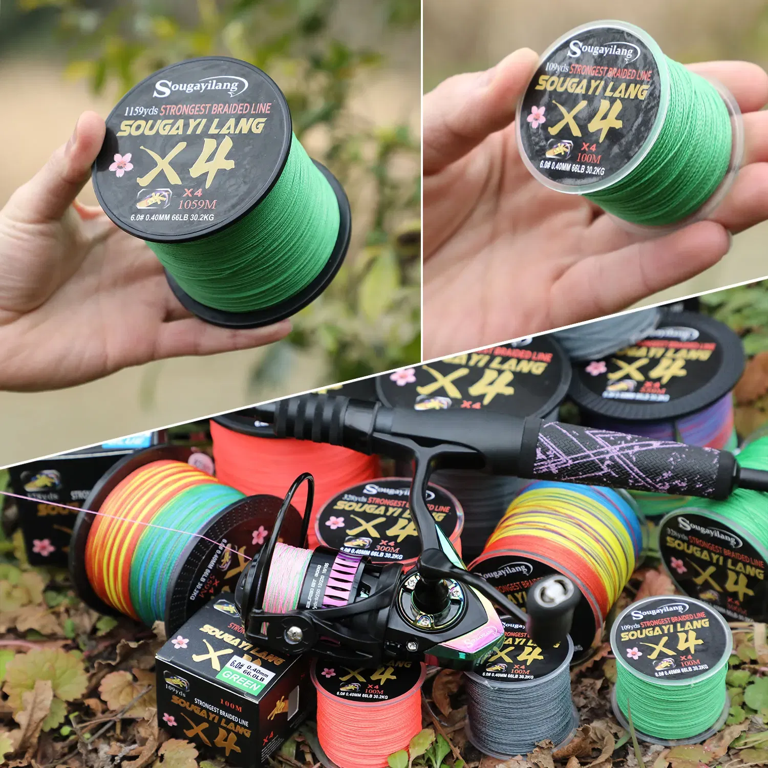 Color: green, Line Number: 0.4 - Sougayilang Braided Line 4X 100/300m 5 Color All for Fishing Line MaxDrag 66LB Multifilament PE Line for Saltwater Sea Fishing
