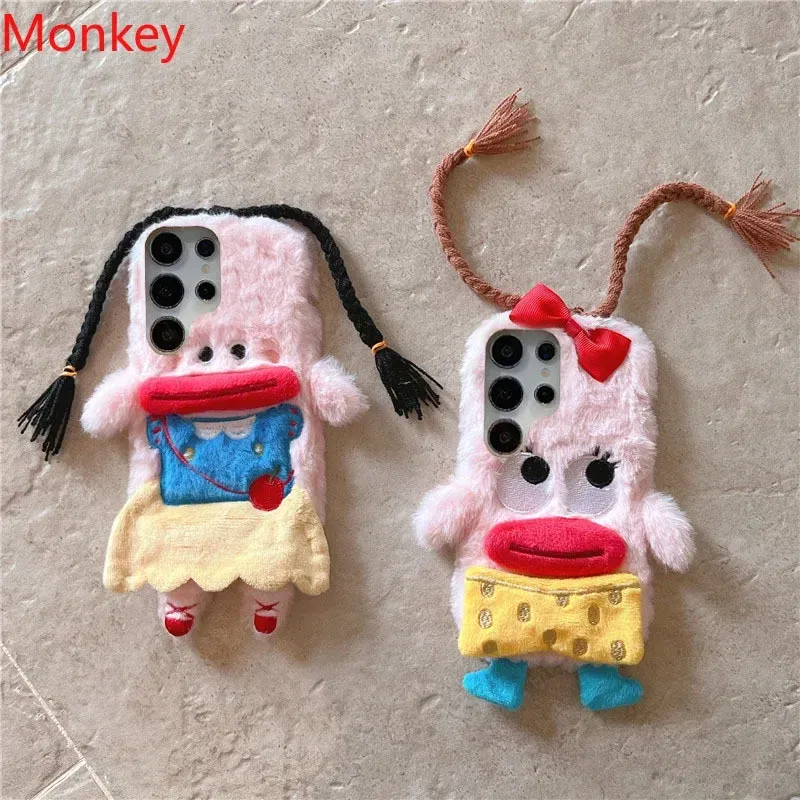 Material: Microfiber, Color: Beige - 3D Cartoon Braided Girl Silicone Phone Cases For Google Pixel 9 Pro XL 8 5G 7 6 8A 7A 6A Cute Warm Fur Sausage Mouth Cover Gift