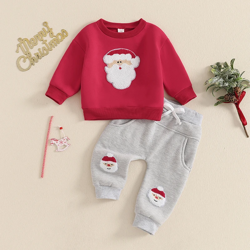 Color: Red, Kid Size: 18M, Ships From: CHINA - 2024-09-12 Lioraitiin Toddler Baby Boys Christmas Outfits Long Sleeve Santa Embroidery Sweatshirt and Pocket Pants Clothes Set