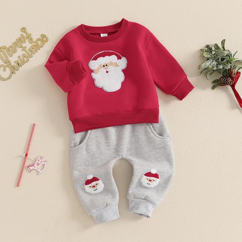 Color: Red, Kid Size: 18M, Ships From: CHINA - 2024-09-12 Lioraitiin Toddler Baby Boys Christmas Outfits Long Sleeve Santa Embroidery Sweatshirt and Pocket Pants Clothes Set