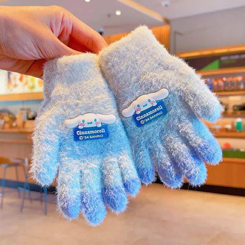 Color: Orange - Sanrio Gloves Kawaii My Melody Kuromi Cold-Proof Winter Finger Gloves Plush Screen Touch Warm Children Toddler Christmas Gifts