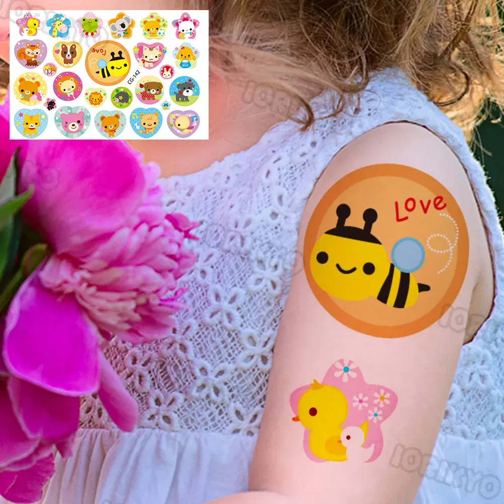 Color: transparent - Watercolor Cat Bear Temporary Tattoos For Kids Children Boys Girls Fake Cute Dinosaur Tattoo Stiker Koala Star Face Tatoos Hands
